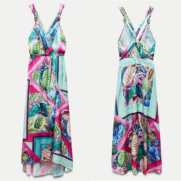 Zara‎ NWOT Tropical Satin Resort Dress - Picture 2 of 5